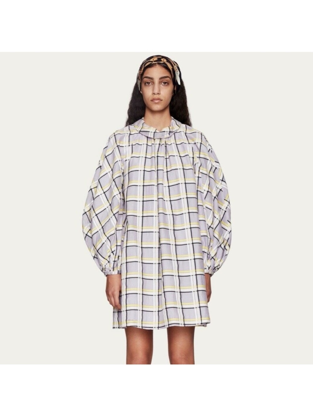 STINE GOYA Lavender and Yellow Plaid Balloon-Sleeve Mini Dress